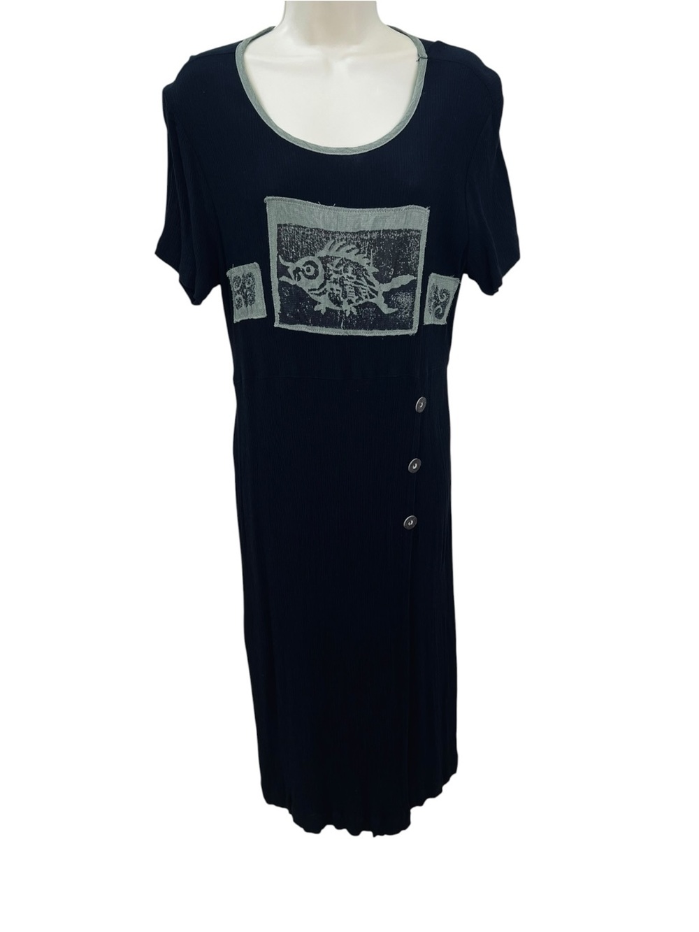 Nina Piccalino VTG Black Gauzy Midi Dress with Fish Motif Crinkle 90’s